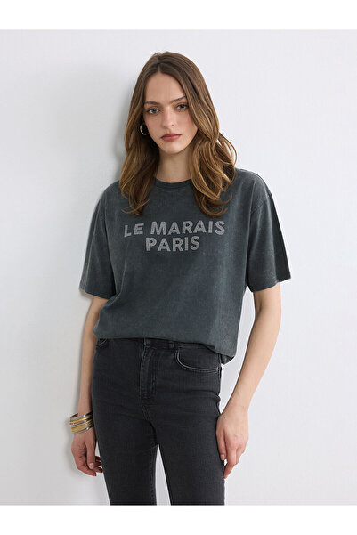 LC Waikiki Nevavm Paris Printed Oversize Women's T-Shirt with Stones
