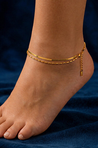 POEM JEWELLERY 18 Ayar Altın ve Rodyum Kaplama Yassı Yılan Çift Zincir Paslan...