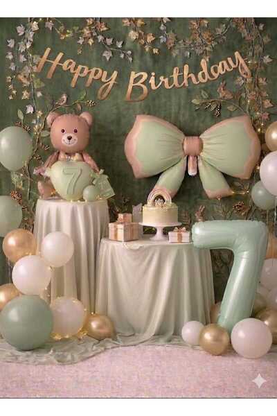 ÇITIPITISTORE Σετ γιορτής γενεθλίων με πράσινο φιόγκο αρκούδας και μπαλόνια α...