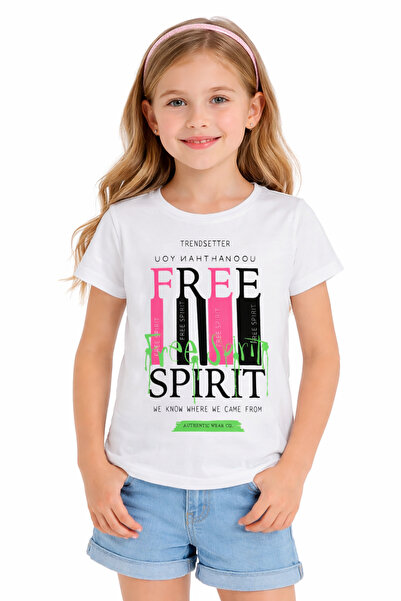 İrem Çocuk Giyim Girl's Free Spirit Text Patterned White Color Short Sleeve T...