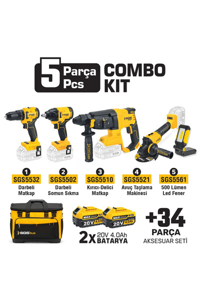 SGS PLUS SGS5451 COMBO SET 5 PARÇA MATKAP HİLTİ AVUÇ TAŞLAMA SOMUN SIKMA FENER
