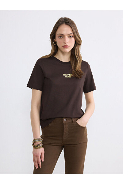 LC Waikiki NEVAVM Farkıyla LCW Vision Καφέ οβάλ γιακάς με στάμπα Paris γυναικ...