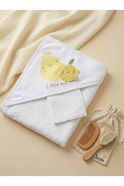 İloya Naturel %100 Pamuk Bebek Havlu Bornoz ve Tarak Seti - Limonlu |Kişisell...