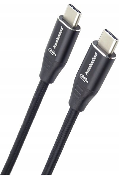PremiumCord Cablu USB-C M/M, 240W 480Mbps, împletitură de bumbac neagră, 1m