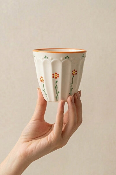 evcime El Yapımı Büyük Boy Seramik Saksı - Çiçek Desenli Kabartmalı (12 cm)