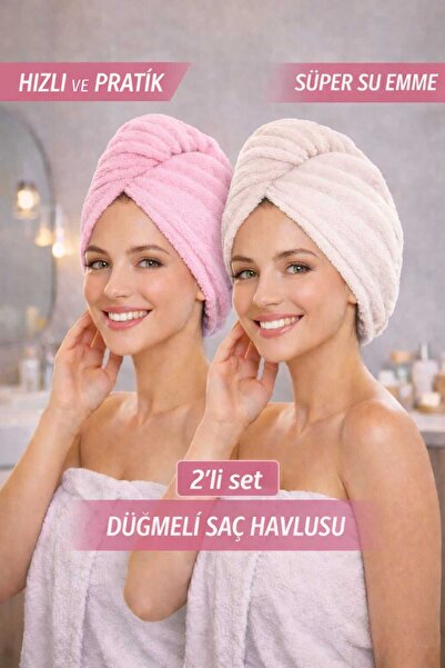 CHIZGY Welsoft Mikrofiber 2 Düğmeli Saç Havlusu Ultra Emici Hızlı Kuruyan Pra...