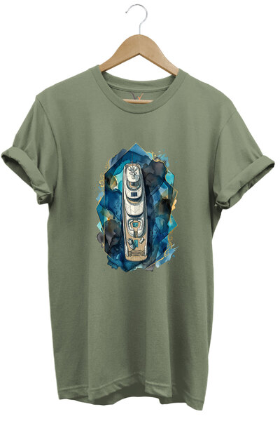 onsrawear Unisex Yacht and Sea Themed Watercolor Patterned Crew Neck Cotton B...