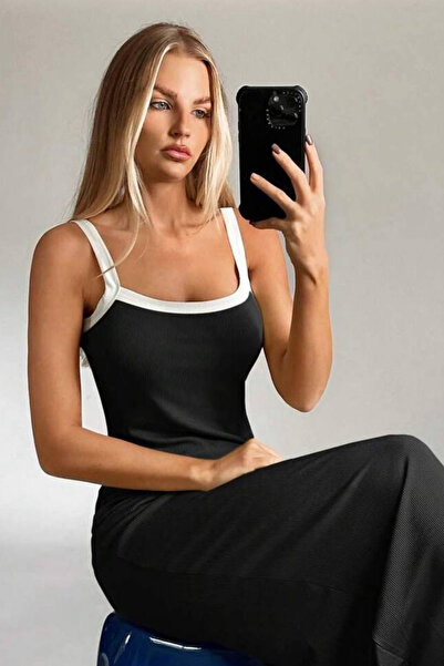 İlayda Toprak Flowy White Strappy Black Long Stretch Fabric Comfortable Cut D...