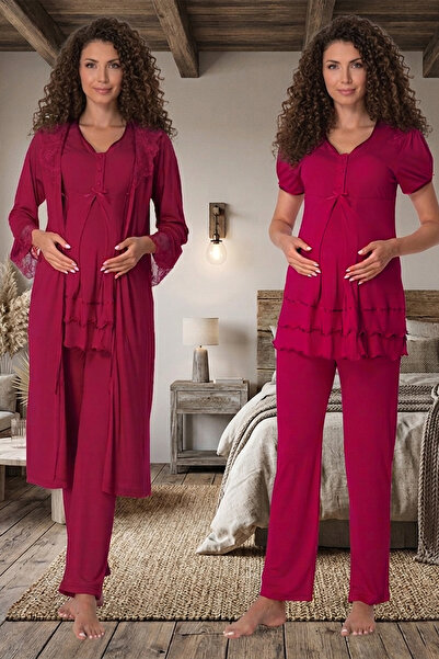 lohusahamile Σετ Πιτζάμες Εγκυμοσύνης με Δαντελένια Ρόμπα και Κρυφή Λειτουργί...