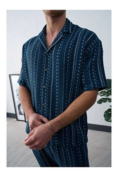 perasttesktil Ανδρικό πουκάμισο με κοντό μανίκι και γιακά με έθνικ σχέδια