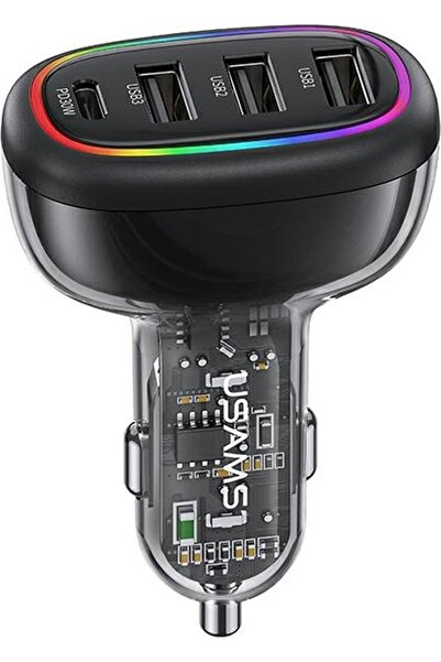 Usams Încărcător auto 1xUSB-C 3xUSB-A C34 48W 3A+C PD negru CC170CC01 (US-CC170)