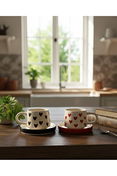 İNA PAZARLAMA 2-Pack Red and Black Ceramic Mug with Heart-Shaped Saucer