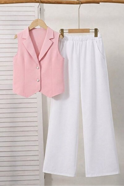 shop Kız Çocuk Gabardin Yelek ve Geniş Paça Pantolon Takımı