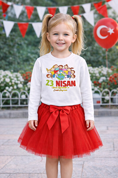 ues Σετ για κορίτσια 23 Απριλίου: Λευκό μακρυμάνικο μπλουζάκι και κόκκινη φού...