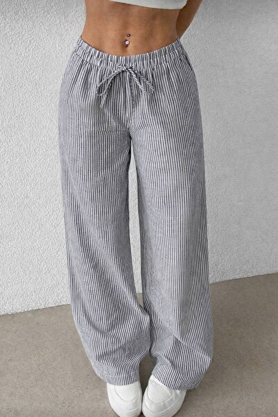 İlayda Toprak Μαύρο ριγέ παντελόνι Lisbon με φαρδιά μπατζάκια, ελαστική μέση ...