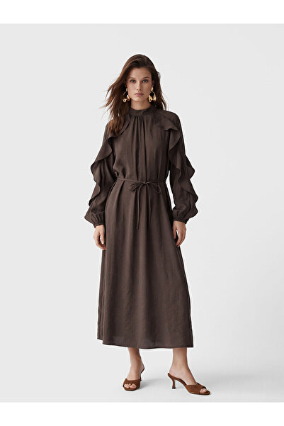 LC Waikiki Lcw Modest Brown High Neck Ruffle A-Line Women's Dress with Nevavm...