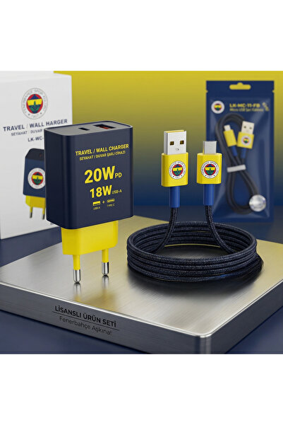 Taraftar Fenerbahçe Lisanslı Hızlı Şarj Seti - 20W PD Type-C Adaptör & Örgü M...