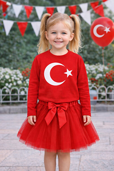 ues Κοριτσίστικο σετ με τουρκική σημαία, κόκκινο μακρυμάνικο μπλουζάκι και κό...
