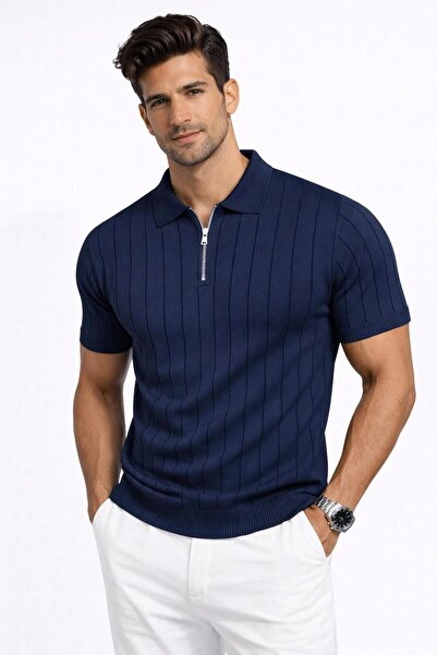 LUPERCUS Ανδρικό μπλουζάκι με γιακά πόλο σε μπλε ναυτικό χρώμα, πλεκτό πουλόβ...