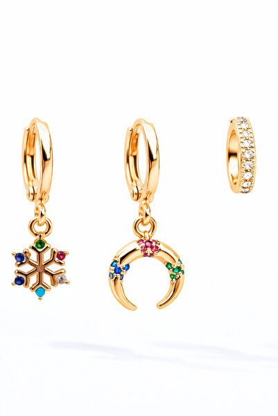 Rose Gold with Colored Zircon Gemstone, Charm,Ring 3-Piece Set Earrings , Ring, Crescent and Snowflake Charm