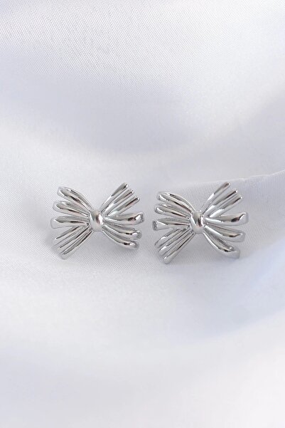 TakÇalıştır Brass Silver Color Bow Earrings