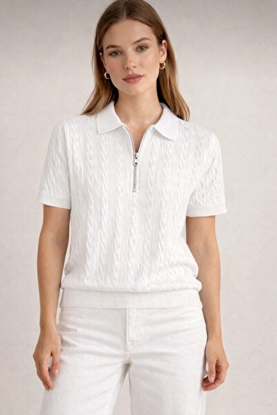 threeoff Γυναικεία πλεκτή μπλούζα με λαιμόκοψη πόλο και μισό φερμουάρ Με σχέδ...