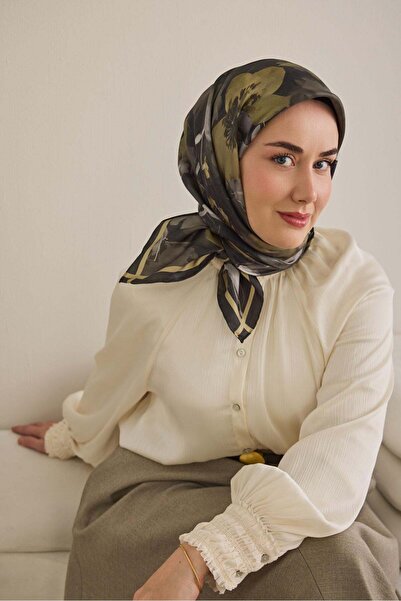 Silk Home Twill İpek Eşarp Çiçek Desen Koyu Yeşil 90x90