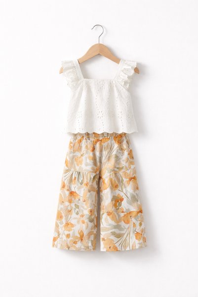 SweetMe Girl's Blouse and Wide-Legged Linen Trousers Set