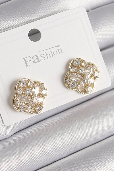 TakÇalıştır Brass Gold Color Zircon Stone Clover Model Women's Earrings
