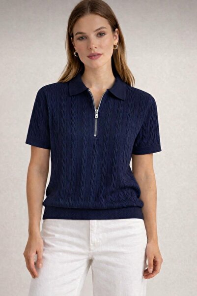 threeoff Γυναικεία πλεκτή μπλούζα με λαιμόκοψη πόλο και μισό φερμουάρ Με σχέδ...