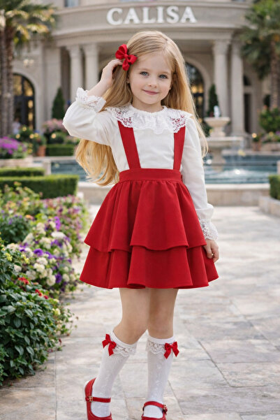 CALİSA Κοριτσίστικο φόρεμα με κόκκινες τιράντες και δέσιμο, εκρού δαντέλα, κο...