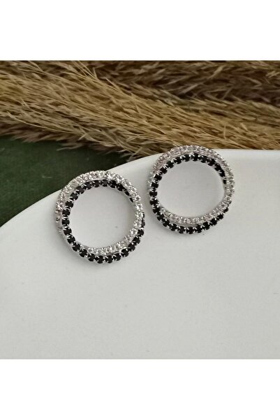 happyaksesuar Siyah Beyaz Kristal Taşlı Halka Kadın Abiye Küpe Çap.2,5cm