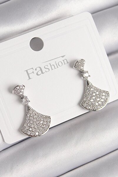 TakÇalıştır Brass Silver Color Zircon Stone Motif Model Women's Earrings