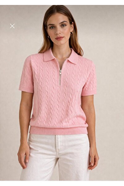 threeoff Γυναικεία πλεκτή μπλούζα με λαιμόκοψη πόλο και μισό φερμουάρ Με σχέδ...