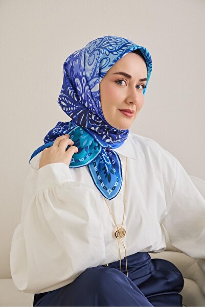 Silk Home Μεταξωτό μαντήλι τουίλ με κλασικό μοτίβο μπλε 90x90