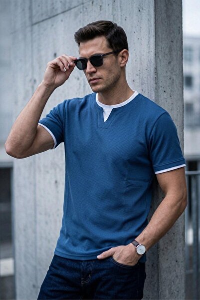 Oksit Ανδρικό μπλουζάκι Prey Vaffle με υφή βάφλας, διπλό γιακά και στενή εφαρ...