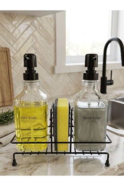 SİLVERLAND Metal Standlı 2li Kare Sıvı Sabunluk ve Süngerlik 500ml Mutfak ve ...