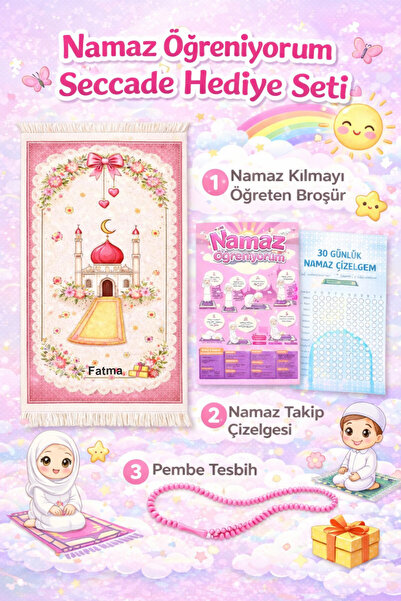 simply line İSME ÖZEL Erkek Kız Çocuk Seccadesi Tespih Namaz Öğreniyorum broş...