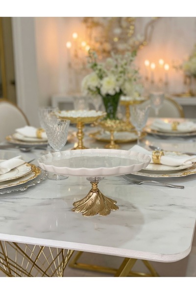 Sillage Home 25 Cm Porselen Ayaklı Servis Tabağı Gold Detaylı Lüks Sunumluk P...