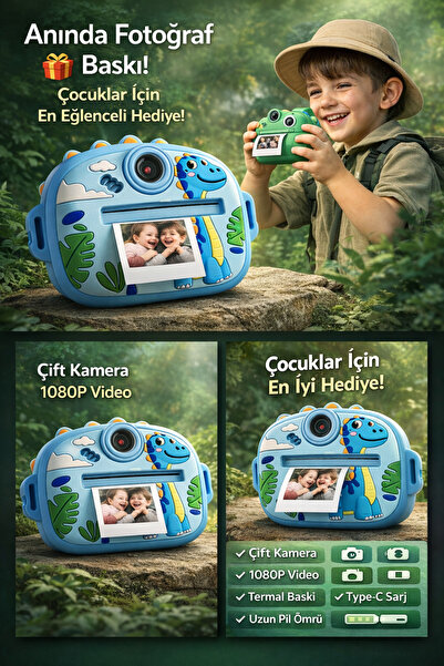 Yellowtech Çocuk Anında Baskılı Mini Fotoğraf Makinesi Sevimli Tasarımlı Çift Kameralı Kamera