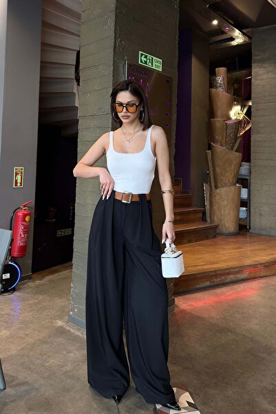 MyLoore Women's Black Polyviscon Fabric Palazzo Trousers with Belt Detail Mlb180