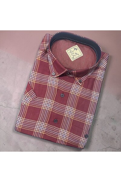 EREN STYLE Λινό κλασικό πουκάμισο από 100% βαμβάκι με κοντά μανίκια και αντιι...