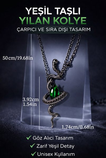 FG KONNİCHİWA Silver Green Emerald Snake Gothic Necklace Gothic Vintage Green Gemstone Snake Necklace – Mysterious & Stylish Design