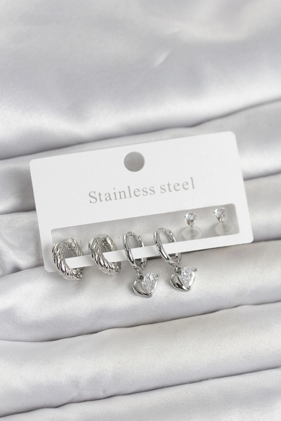 shopwave 316L Steel Silver Color Heart Detailed Women's Earring Set