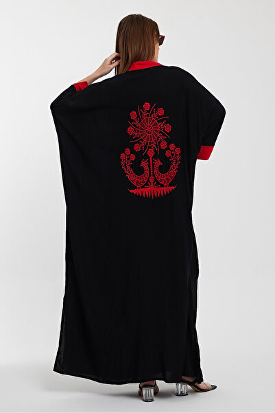 loia Γυναικείο μαύρο πουκάμισο με κέντημα στο γιακά, μακρύ, κομψό φόρεμα L26-...