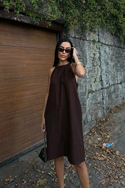 loia Γυναικείο Καφέ Καλοκαιρινό Λινό Υφαντό Κομψό Φόρεμα με Κρυφές Τσέπες L26...