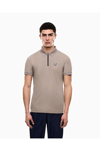 EA7 Men's Slim Fit Short Sleeve Logo Zippered Beige Polo Neck T-Shirt 8Npf13 ...