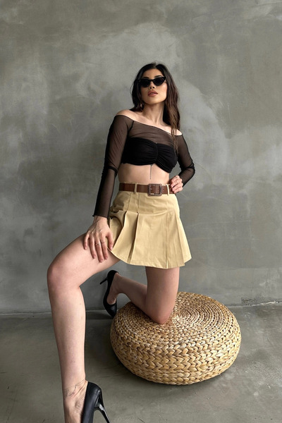 loia Γυναικεία κομψή φούστα με πιέτες και ζώνη, σε χρώμα καμηλό, με καθημεριν...