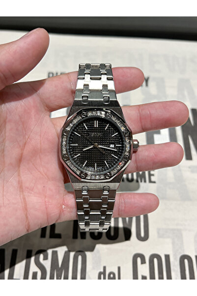 AIMANA Luxury Blue Dial Octagonal Bezel Diamond-Encrusted Stainless Steel Men...