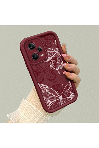 PATTERNOVA Redmi Note 12 Pro 5G Uyumlu Bordo Kelebek Silikon Kılıf Kamera Kor...